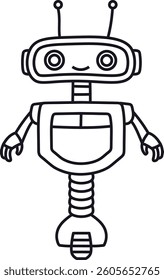 A smiling robot with antennas and mechanical arms in a simple line art style. The robot's face is cheerful with circular eyes and a curved mouth, drawn in a playful cartoon manner