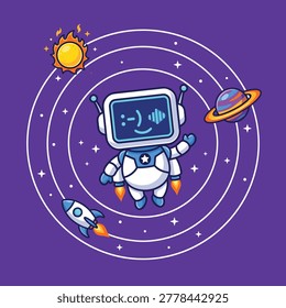 A smiling robot astronaut floats in space with circular orbit lines, stars, a ringed planet, a bright sun, and a small rocket on a purple background.