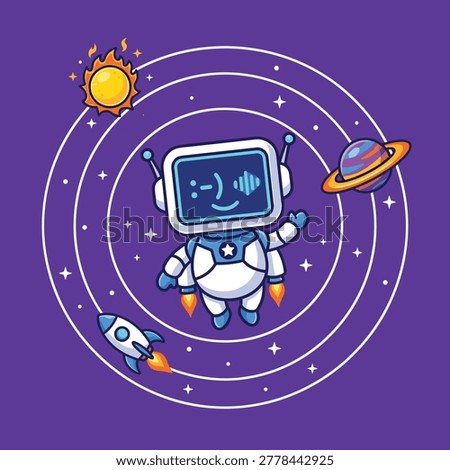 A smiling robot astronaut floats in space with circular orbit lines, stars, a ringed planet, a bright sun, and a small rocket on a purple background.