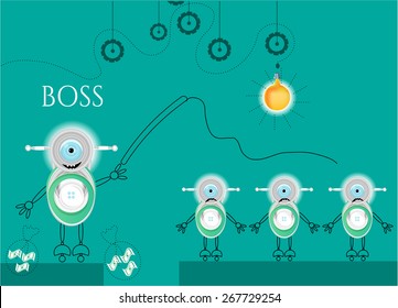Smiling robot - boss - with one blue eye, hanging whip