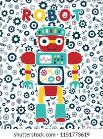 Smiling  robot cartoon on seamless pattern of bolt, nuts and gear background