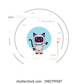 Smiling robot cat say hello. Happy bot presenting or greeting. Siamese robo cat with blue eyes, artificial intelligence concept. Simple robocat with circle and signs. Modern thin line style vector.