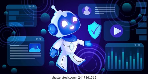 A smiling robot character amidst digital icons and interfaces, vector illustration on a dark blue background, concept of technology and AI. Vector illustration