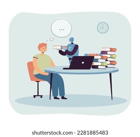 Smiling robot character giving book to student at desk. Boy learning about robotics or using AI for studying vector illustration. Programming, technology, education, automation concept
