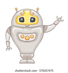 Smiling robot character showing something, vector illustration.