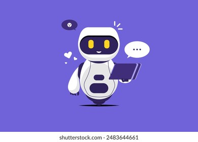Smiling robot chat cartoon with tablet on isolated background, Vector illustration.
