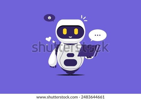 Smiling robot chat cartoon with tablet on isolated background, Vector illustration.