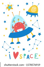 Smiling robot in cosmic spaceship. UFO and stars in cartoon flat style. Hand drawn vector kids illustration in white background. Print for boys. Constellations in the sky. UFO fly in space. 