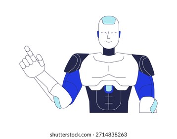 Robô sorridente gestando para cima com dedo 2D personagem de desenho animado. Mascote tecnológico. Guia útil. Humanoide robótico apontando para cima da personagem vetorial plana isolado no branco. Ilustração especial colorida