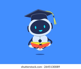 Smiling robot in graduation cap with book. Vector illustration for education, AI assistant or student chatbot