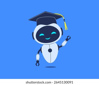 Robô sorridente no boné de formatura acenando alô. Ilustração vetorial para educação, assistente de IA ou chatbot para alunos