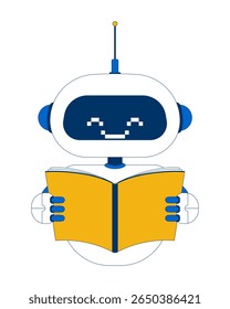 Smiling robot holding open book 2D cartoon character. Artificial intelligence, education. Pixelated robotic technology reading flat vector personage isolated on white. Spot illustration colorful