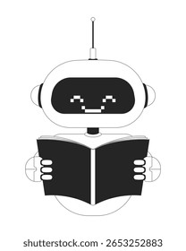 Robô sorridente segurando personagem de linha 2D de livro aberto. Inteligência artificial, educação. Tecnologia robótica pixelada leitura isolada de contorno de tinta vetorial personagem. Ilustração de ponto monocromático