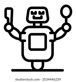 Smiling robot is holding a spatula and whisk, suggesting its role as a chef in a modern kitchen