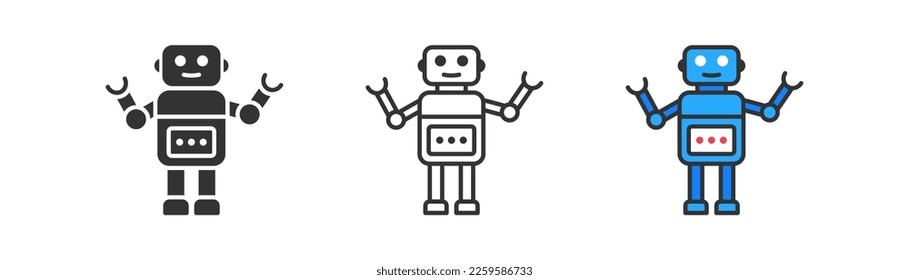 Smiling robot icon on light background. Toy for children. Online tech support symbol. Chat, bot, web assistant, help concept. Outline, flat, and colored style. Flat design.