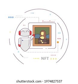 Smiling robot presenting digital art. Famous pictures NFT. Technology and art. Classic paintings and blockchain. Modern thin line style vector.