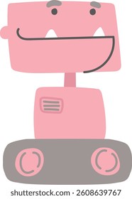 A smiling robot with a rectangular head and wheels in a playful cartoon style. The character features a cheerful expression and simple geometric shapes. Cartoon vector illustration.