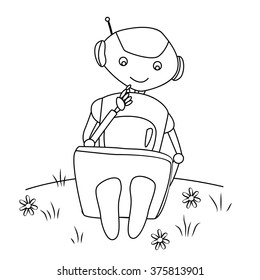 Smiling robot seating on the grass with a laptop. Educational, business, or technological concept. Retro robot with a computer. Distance education of future.