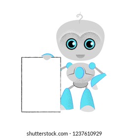 Smiling robot showing white empty sheet. Education, chatbot, programming. Can be used for topics like customer support, engineering