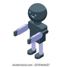 Smiling robot is standing with arms outstretched in greeting