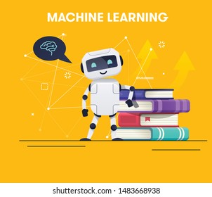 Smiling Robot staying with stack of books and brain icon in speech bubble. Machine learning concept. Deep learning. neural network Website template landing page concept.Chat bot vector illustration