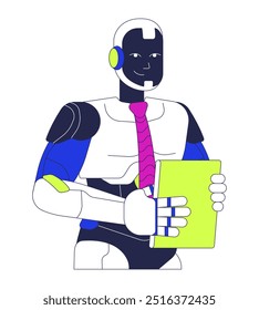 Smiling robot tie holding tablet 2D cartoon character. Futuristic humanoid office worker manager isolated personage flat vector on white background. Robotics company. Spot illustration colorful
