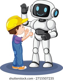 Smiling robot and young boy engineer high five, cartoon vector, bright colors, white background