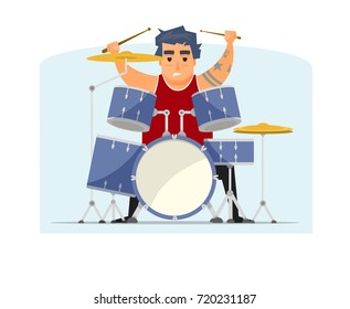 Smiling rock musician with tattoo on hand, drummer, vector illustration, isolated.