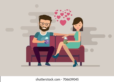 Smiling romantic couple drinking coffee on sofa in their living room. Vector flat illustration