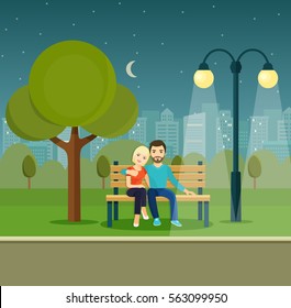 Smiling romantic Couple  on Bench  under a tree in the park. Vector flat illustration