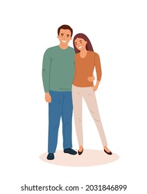 Smiling romantic Couple. Young woman and man standing together embracing. Flat style cartoon vector illustration.