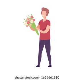 Smiling Romantic Young Man with Bouquet of Flowers Flat Vector Illustration