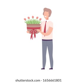 Smiling Romantic Young Man Holding Pot with Pink Blooming Flowers Flat Vector Illustration