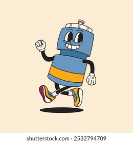 Smiling Running bottle water sport 80's groovy vector Illustration with isolated background. Retro vintage old Cartoon Style