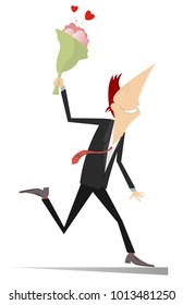 Smiling running man with a bunch of flowers isolated illustration vector
