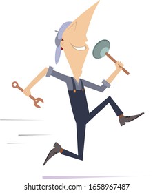 Trabajador en funcionamiento sonriente con un spanner y una ilustración de émbolo. El mecánico o fontanero alegre de la caricatura va a trabajar aislado en blanco
