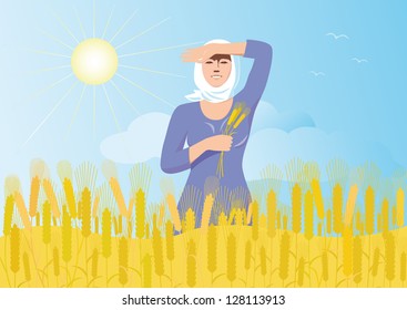  Smiling russian girl in a white scarf with ears of wheat in the hand is worth a wheat field on a background of blue sky, sun and flying birds.