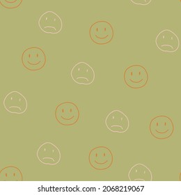 Smiling and sad emoji on a green bg. Seamless vector pattern. Trendy background. Cool vintage illustration. Perfect for apparel, fabric, textile.