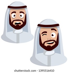 Smiling and sad face of Arab man in white national dress. Avatar for social network. Middle Eastern guy with a beard.