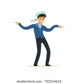 Smiling sailor man character in blue uniform gesturing vector Illustration
