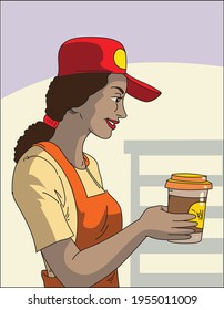 Smiling sales clerk woman at coffee shop . 