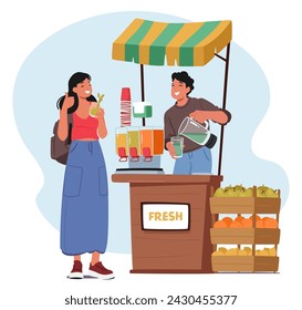 Smiling Salesman Character At A Vibrant Stall Skillfully Pours Green Fresh Juice Into A Glass, Handing It To An Eagerly Waiting Customer Under The Warm Sunlight. Cartoon People Vector Illustration