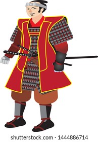 Smiling Samurai Warrior with Yoroi Armor Dress   - Vector