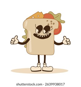 Smiling sandwich shows like with hands. For fast or street food advertising. Cute piece of tasty sandwich. Appetizing food. Cartoon style. Vector illustration.