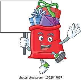 Smiling santa bag full of gift cute cartoon style bring board