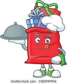 smiling santa bag full of gift as a Chef with food cartoon style design