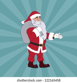 smiling Santa Claus with a bag behind the back