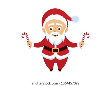 Smiling Santa Claus with candy cane icon vector. Cute Santa Claus cartoon character. Santa icon isolated on a white background. Santa holding candy cane stick vector