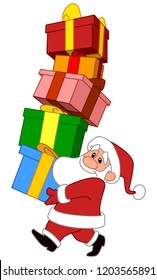 Smiling Santa claus carrying a colorful gift boxes stack