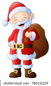 Smiling santa claus carrying sack of gifts